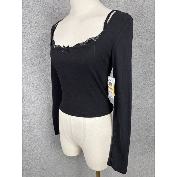 Sugar Moon Juniors' Women's Layered-Look Pointelle Knit Top Black Size Small NWT - Picture 5 of 8